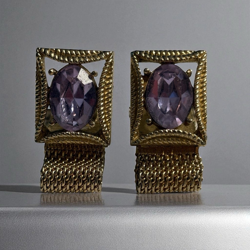 VTG Swank Purple Amethyst Glass Cufflinks Gold Tone Wrap‎ Around Open Rectangle